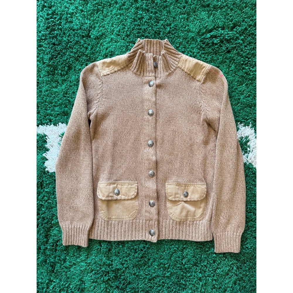 Tan Knit Button‎ Front Cardigan Sweater Canvas Shoulder Patches Metal Buttons